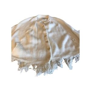 Vintage May Knit White Fringed Button Front Poncho Cape Orlon Acrylic One Size